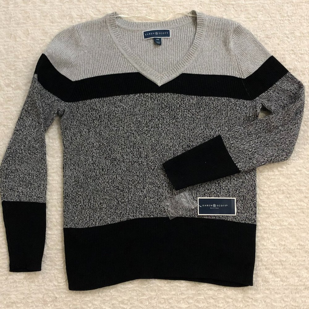 NWT, Karen Scott, Blue/Grey, Sweater, 100% Cotton, Long Sleeve, Petit, Size PM